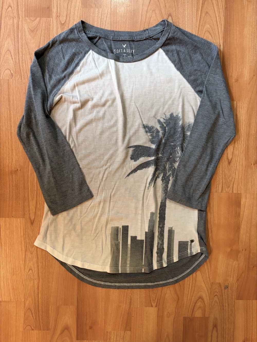 American Eagle Outfitters Soft & Sexy Graphic Half Sleeve Tee Gray & Cream Small